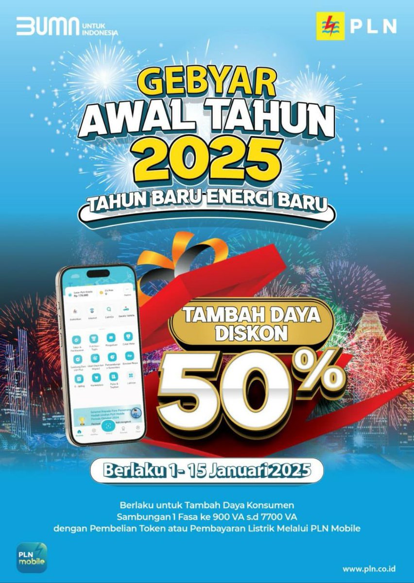 rosmanhidayat's tweet photo. Keliling jakarta bareng bu guru
Di bundaran HI banyak kembang apinya
Promo Tambah daya hadir di tahun baru
Diskon 50% untuk semua

Selamat Tahun Baru 2025!!

#PLNMobile 
#GebyarAwalTahun2025 
#TambahDaya 
#SemuaMakinMudah
#TahunBaruEnergiBaru https://t.co/0o9jcBkT7D