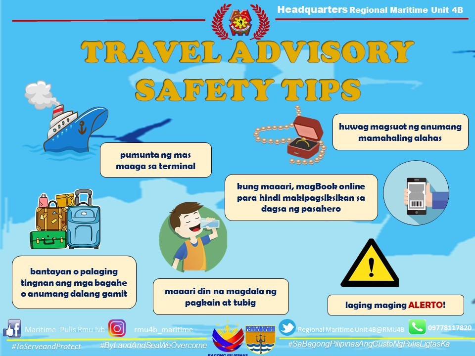 RMU4B's tweet photo. TRAVEL ADVISORY SAFETY TIPS

"𝗦𝗮 𝗕𝗮𝗴𝗼𝗻𝗴 𝗣𝗶𝗹𝗶𝗽𝗶𝗻𝗮𝘀, 𝗔𝗻𝗴 𝗚𝘂𝘀𝘁𝗼 𝗻𝗴 𝗣𝘂𝗹𝗶𝘀, 𝗟𝗜𝗚𝗧𝗔𝗦 𝗞𝗮".

#BagongPilipinas
#ToServeAndProtect
#SaBagongPilipinasGustoNgPulisLigtasKa
#ByLandAndSeaWeOvercome https://t.co/BU7HcQcavQ