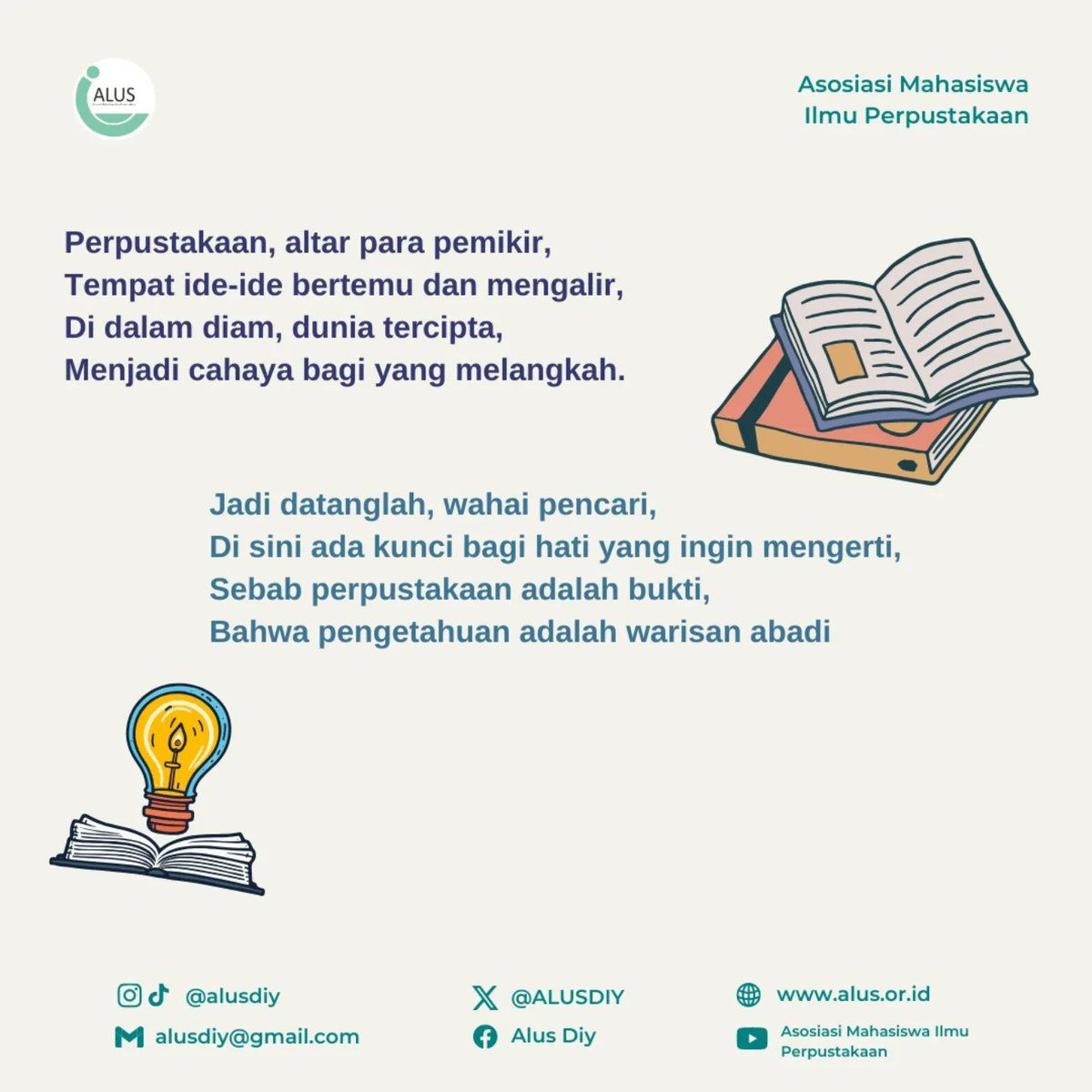 ALUSDIY's tweet photo. Perpustakaan adalah jantung peradaban, tempat ilmu dan mimpi berkumpul dalam keheningan. Mari kita hargai perpustakaan, tempat di mana cerita abadi menanti untuk ditemukan. https://t.co/OpZeeOisf0