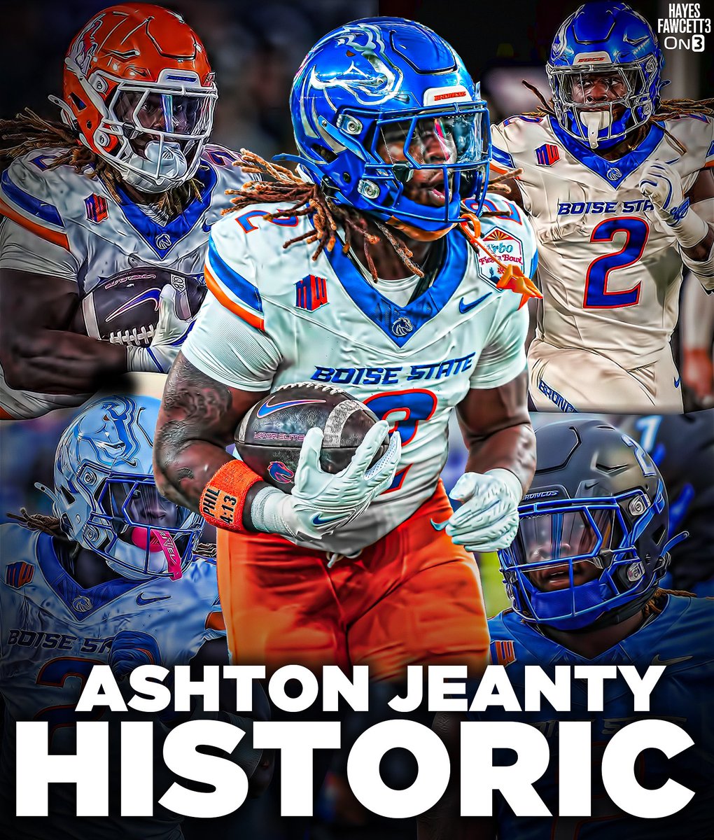 Ashton Jeanty’s LEGENDARY 2024 season:

- 374 Carries
- 2,601 Rushing Yards (1st)
- 185.8 Rushing Yards per game (1st)
- 29 Rushing TDs (2nd)

A season for the ages 👏🏻

on3.com/db/ashton-jean…