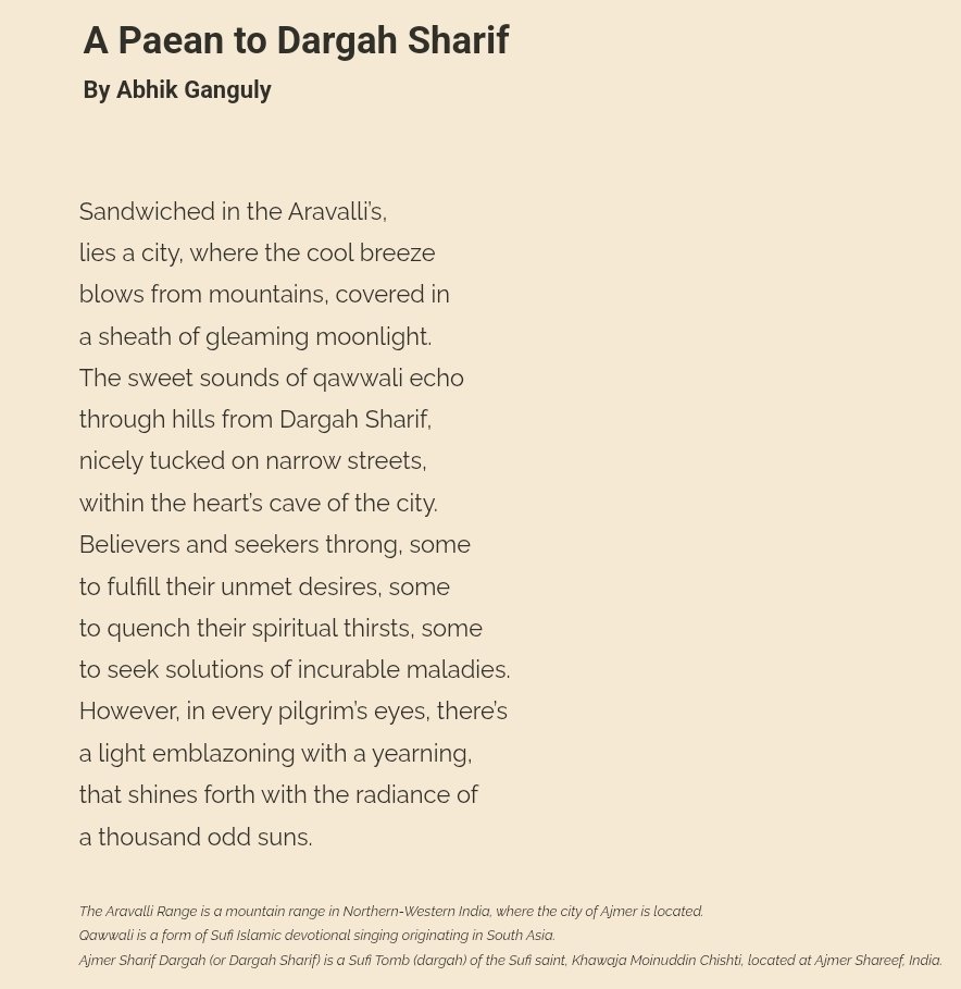 On the first day of 2025, comes my first poetry publication of this year. Much gratitude to The Owl Wise Mag for featuring my piece, "A Paean to Dargah Sharif."

It emerged out of a spiritual sojourn that I undertook at Ajmer.

thewiseowl.art/abhik-ganguly?…

#poetryacceptance #poetry
