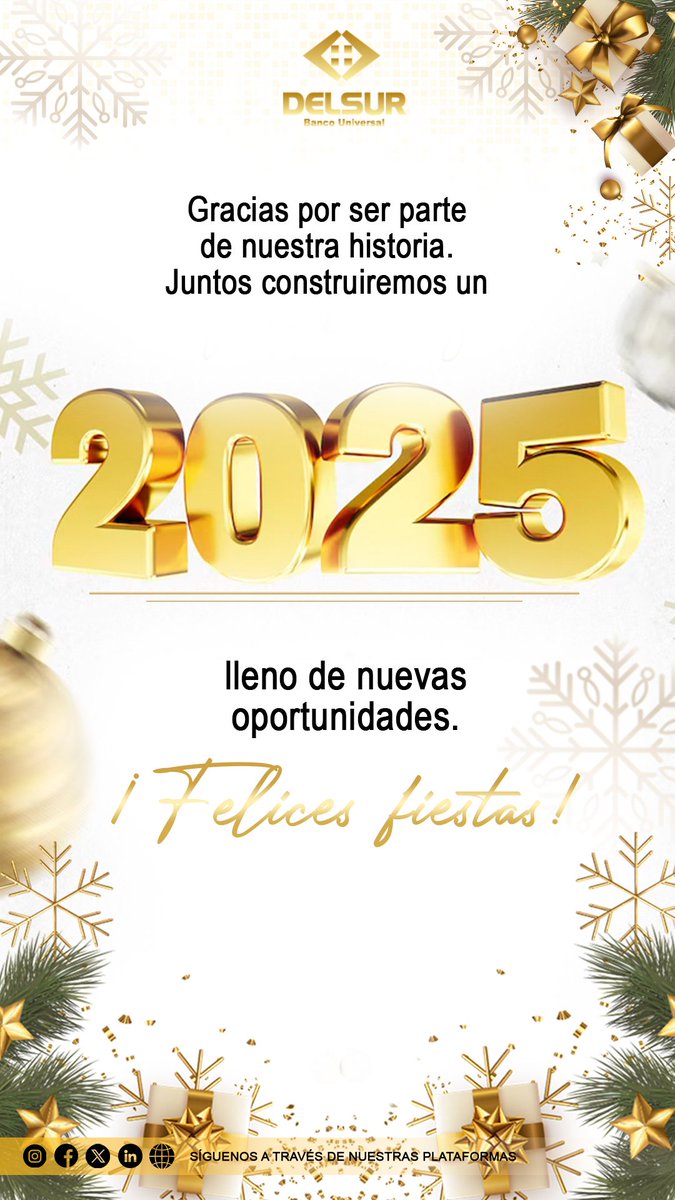 🎉✨ ¡Feliz Año Nuevo #2025! ✨🎉
Desde #DELSURBancoUniversal, queremos agradecerte por ser parte de nuestra familia. Este nuevo año está lleno de oportunidades y sueños por cumplir. 💪💼
¡Haz de este año el mejor con las soluciones financieras que ofrecemos! 🏦❤️
#FelizAñoNuevo
