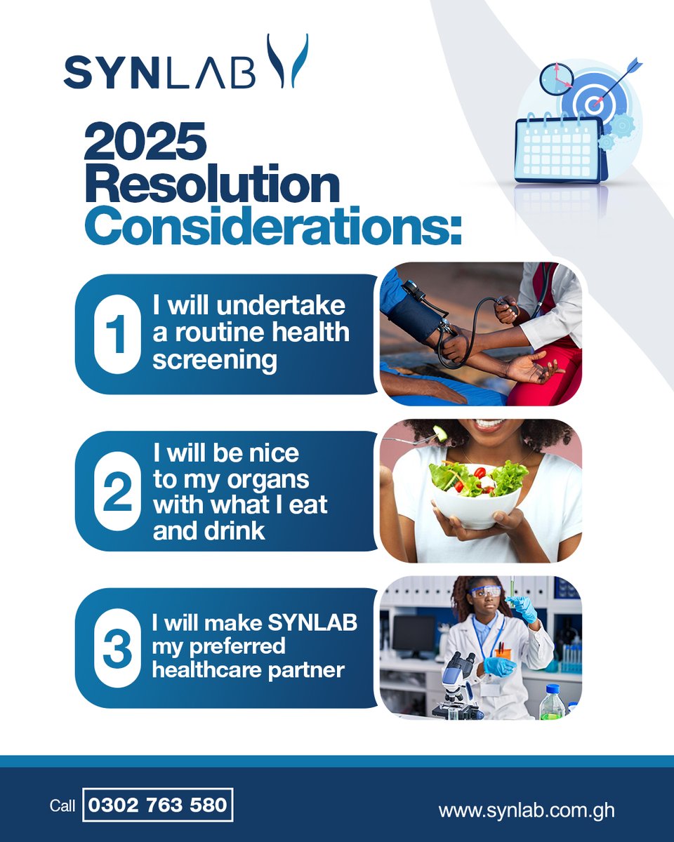 SynlabG's tweet photo. As we turn the page to 2025, let’s redefine what it means to thrive. 

🔵 Resolution 1: Embrace routine health screenings

🔵 Resolution 2: Honour your body with what you eat and drink

🔵 Resolution 3: Entrust your health journey to SYNLAB, your partner in precision diagnostics https://t.co/2JdcBvUMeT