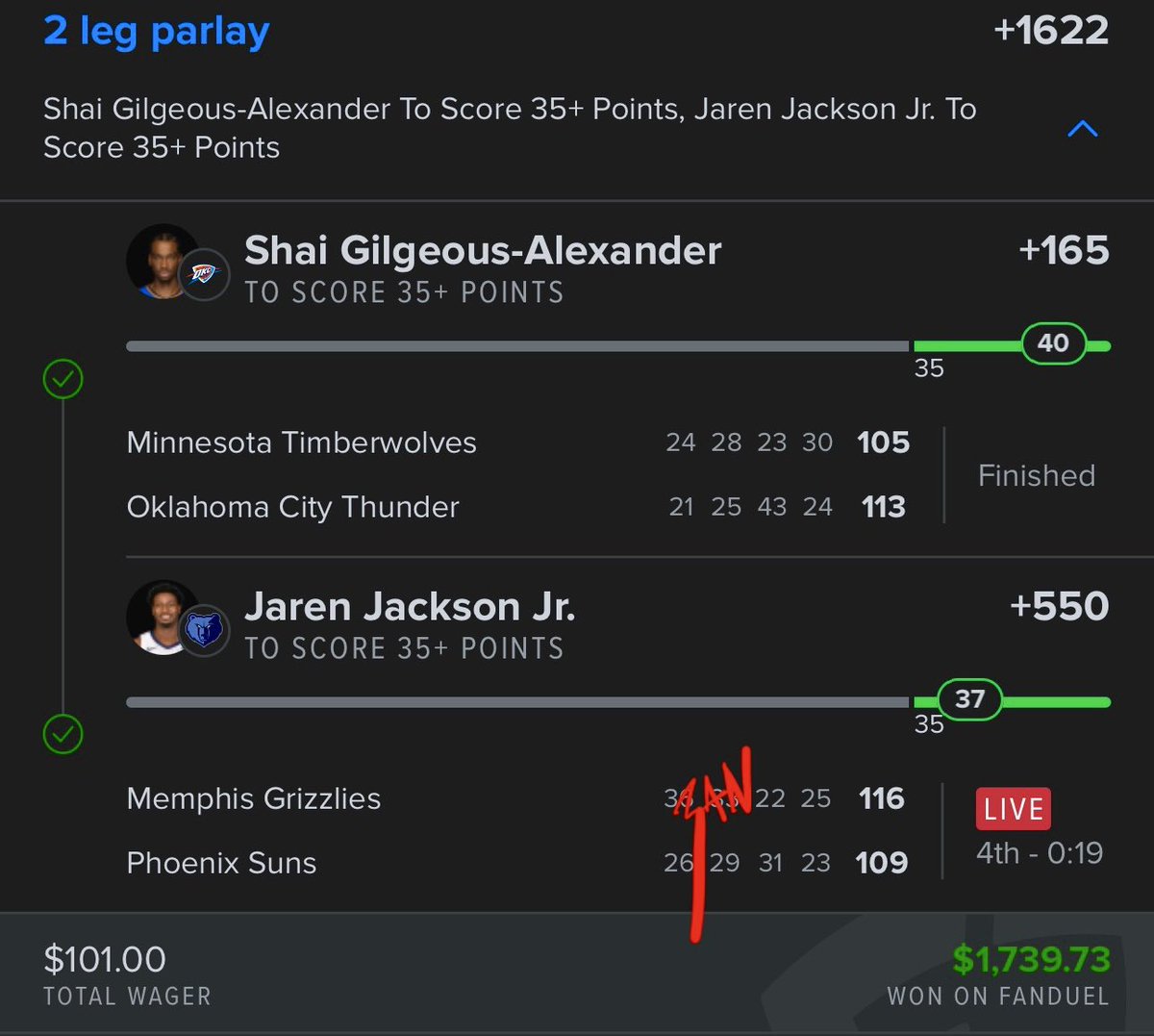 RiCKBANCHEZ's tweet photo. NO WAY WE HIT AGAIN !!!!!! 
SHAI 35 X JAREN 35 ✅
NEW YEARS EVE BANGER 🚀🔥🔥🔥🔥

most legendary gambling year EVER 🙌🏽
If I made you cash in 2024 show some love in the comments. #BANCHEZSPEED ☢️ https://t.co/wG4bpOXGkm