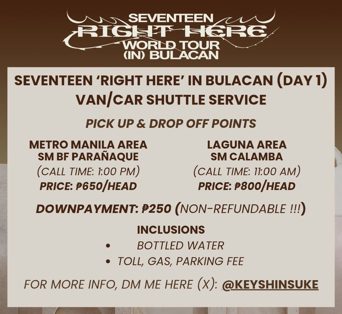 keyshinsuke's tweet photo. Any CARATS here still looking for a van/car shuttle service for #SEVENTEEN #SVT_RIGHT_HERE_IN_BULACAN

DETAILS:
-Pickup&amp;Dropoff Point: SM BF Parañaque &amp; SM Calamba
-Downpayment (Non-Refundable):₱250
-MOP: GCash

For more info, DM me!

🏷️ svt right here in bulacan | carats https://t.co/POCkvsJmh2