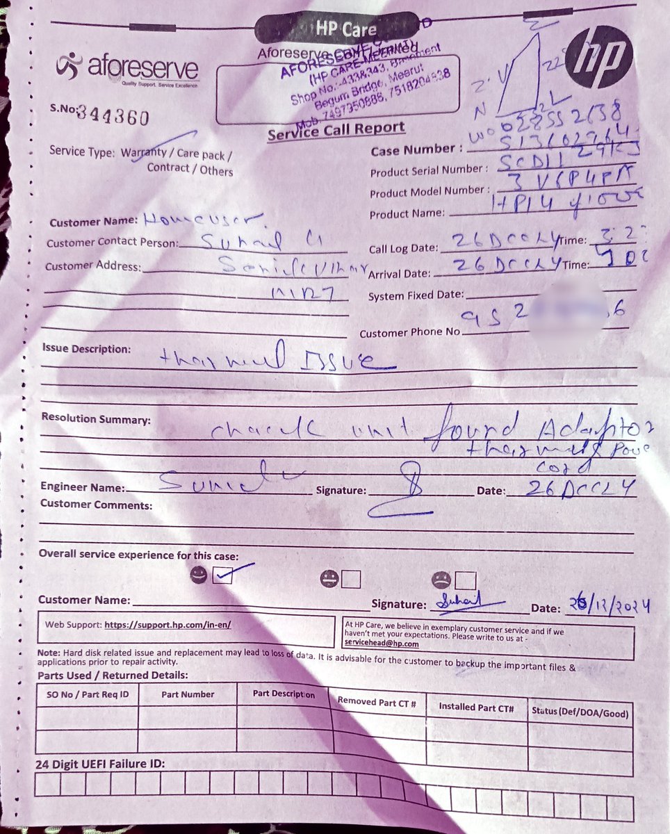 comejustfeelme's tweet photo. On the 26th, the @HP technician visited, checked the charger, and gave me a pink service paper, promising a replacement the next day. It’s the 1st now, and I still haven’t received it. The laptop is critical for my work—why the delay? @HPSupport @HPIndia https://t.co/qbaPtBTYu6