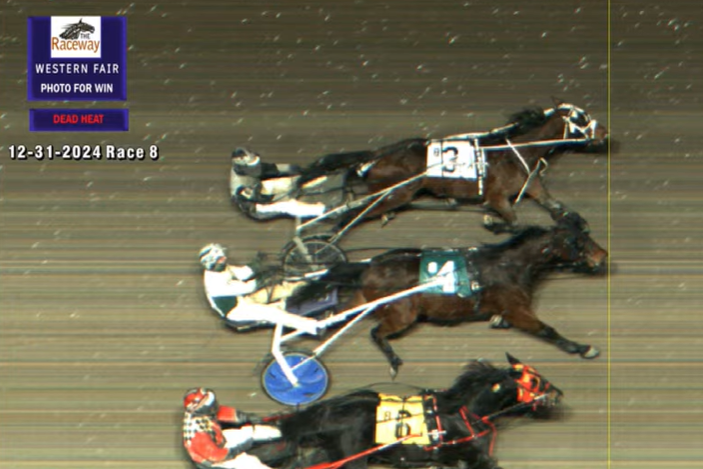 A New Year's Eve DEAD HEAT between 3 BB SPORTSBOY and 4 MISSYS MAGIC MAN in Race 8 for a Lorne House driving triple, a Jason Ryan driving double and a Cassidy Schneider training double.
