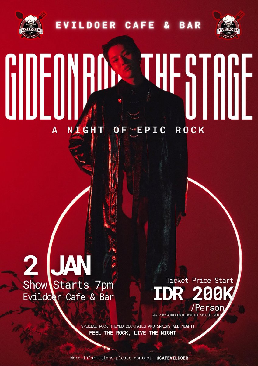 ️️ 

📣 Selamat siang! Ada info baru!

𝘚𝘦𝘭𝘢𝘮𝘢𝘵 𝘛𝘢𝘩𝘶𝘯 𝘉𝘢𝘳𝘶! 🥳

Karena ini tahun baru, hari baru dan semangat baru! Kafe Evildoer juga ada yang baru dong. 

Untuk menyambut tahun baru, kami punya penampilan spesial dari 𝘙𝘰𝘤𝘬𝘴𝘵𝘢𝘳 𝘎𝘪𝘥𝘦𝘰𝘯! 🎸

️️