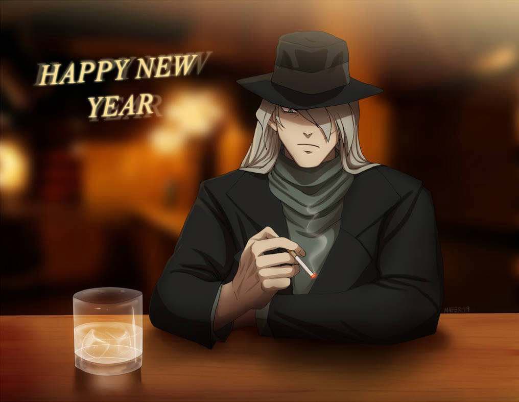 - smoking his cigarette and having a glass of gin- happy new year and stay safe