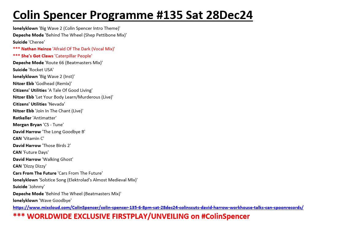 ColinsCuts's tweet image. #Tracklisting: #ColinSpencer Programme #135

▶️mixcloud.com/ColinSpencer/c…
featured, at least, TWO worldwide #exclusive firstplays/unveilings amongst the self-released artists and output of labels including @IrregularPat1 @MuteUK #RedStar #Threnes #UnitedArtists

#DiscoverAndRemember
