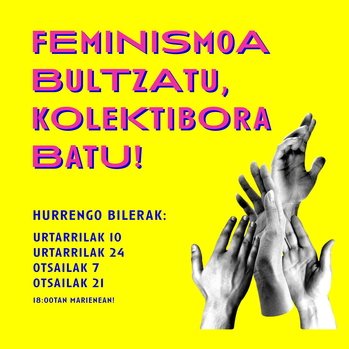 Feminismoa bultzatu eta kolektibora batu!✨🇵🇸✊💥🕸️🏳️‍🌈🗣️

Basauriko gazte talde feministaren hurrengo bilerak hauek izango dira👇 Taldera batu nahi baduzu, zalantzarik baduzu, bileretan parte hartu nahi baduzu, propaganda egiten lagundu nahi bagaituzu .... hurbildu zaitez!