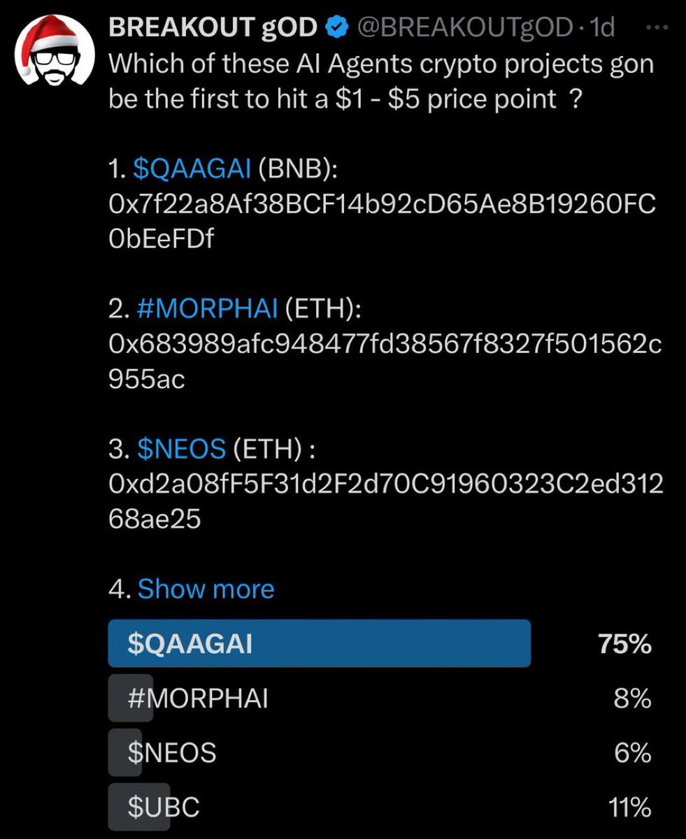 This 2025 , make sure to Follow the money ,  and to maximize your potential Follow AI Agents +  position correctly 

P.S. You  should position-Follow these AI Agents 👇🏾

✅  $QAAGAI (BNB):  <a href="/QaagAI/">Quality Assurance Agent - QAAG AI</a> 

0x7f22a8Af38BCF14b92cD65Ae8B19260FC0bEeFDf

✅ $MORPHAI (ETH):  <a href="/MorphAIEth/">Morph AI</a>