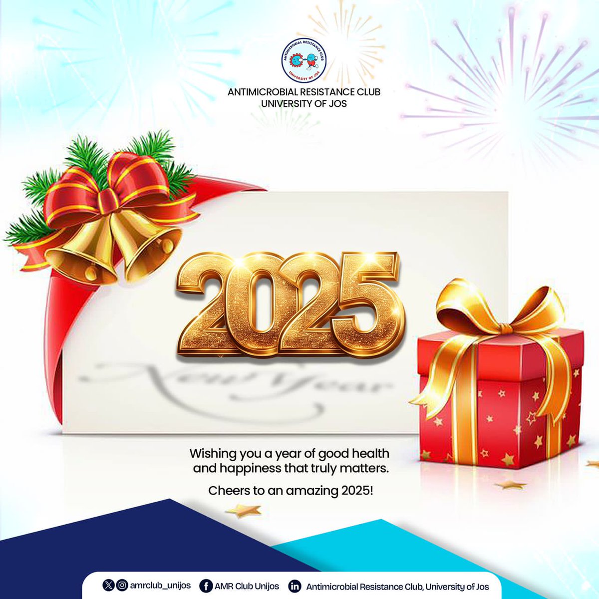 Happy New Year from all of us at AMR Club Unijos! 

May this year bring you joy, success, great achievements, and most importantly, a good health-filled year with a higher impact in AMR! 

Cheers to an amazing 2025, Together let’s fight against AMR! 
#amrclubunijos #HappyNewYear