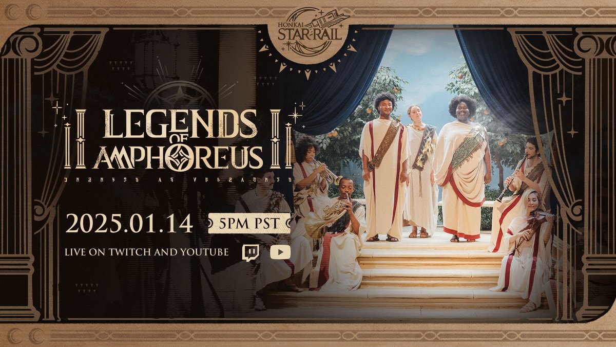 honkaistarrail's tweet photo. Here ye, citizens of Okhema.
The Chrysos Heirs have been sighted outside our great city defeating monsters. Let us prepare a celebration in thanks and honor to their victory, held in our finest bath house. There will be musical performances, presentations of our glorious Titans and Chrysos Heirs, and best of all, redeem codes.
Come join us for our "Legends of Amphoreus" special program!
🕔1/14 Tuesday, 5 PM (PST)
🕗1/14 Tuesday, 8 PM (EST)
🕘1/15 Wednesday, 9 AM (UTC+8)
📺Watch the stream here:
YouTube: https://t.co/wKyQb6kvLL
Twitch: https://t.co/93JUwFWJyQ
#LegendsofAmphoreus #LightTheWay #HonkaiStarRail