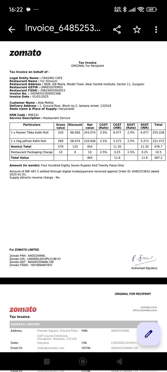 AExterint's tweet photo. #zomato have charged me Rs. 577/- for an order today. Look at the Bill Summary, and the tax invoice. The two do not match. #Zomato #taxevasion #gstliesbusted. https://t.co/FvttuyrfHC