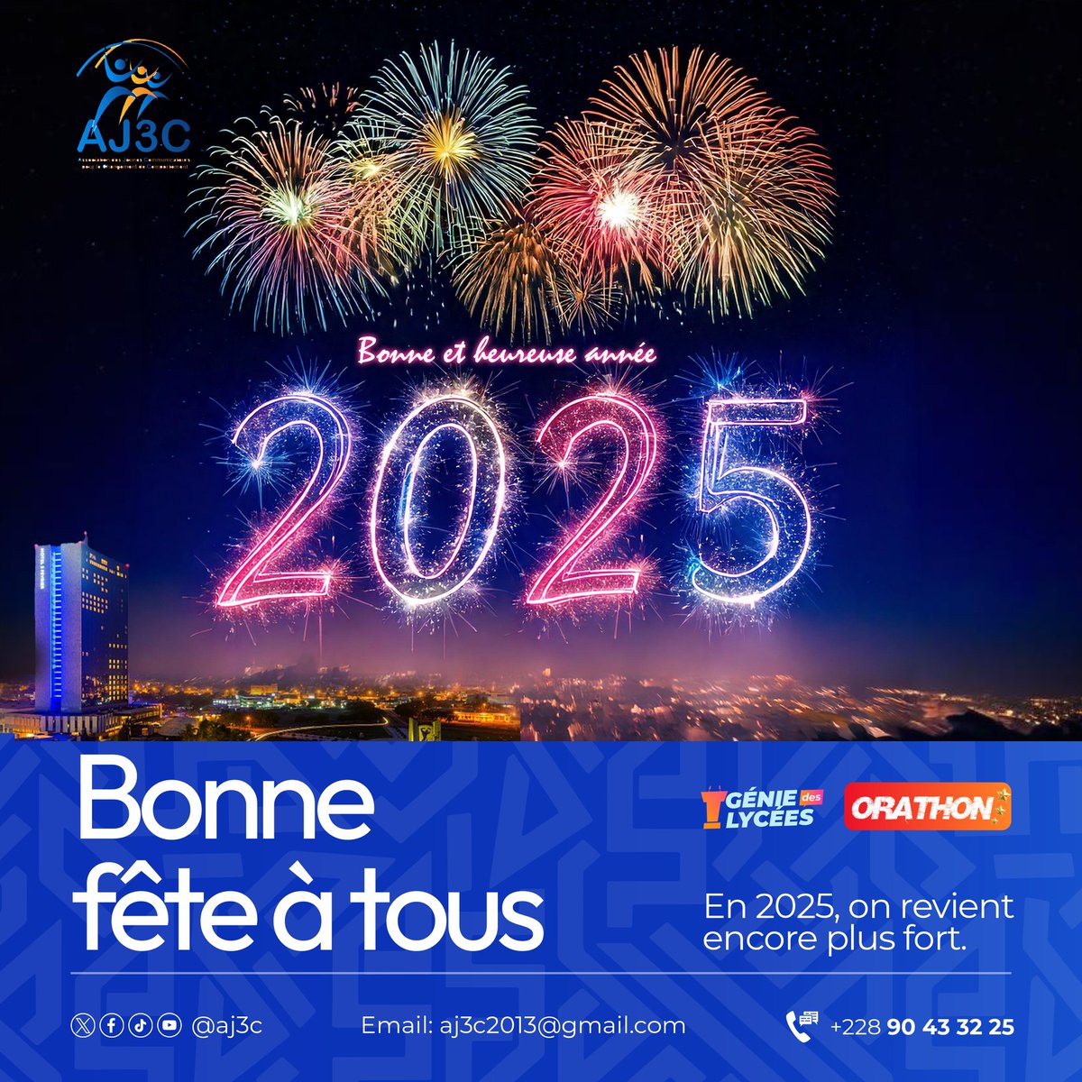 aj3ctogo's tweet photo. L'#AJ3C, le Comité d'organisation du #concours #Génie_des_lycées #ORATHON et l'ensemble de ses #partenaires vous souhaitent une pleine, pieuse et fructueuse année 2025🌟🎉🎄.
En 2025, on revient plus fort✊🏾 https://t.co/dudfKDsKFS