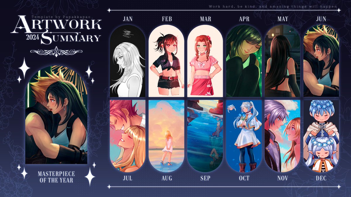 kaicean's tweet photo. my art summary of 2024!! technically feb-march were my crying over ff7 rebirth months so i only did one art with swimsuit aerti and dec is a sneak preview for one of my acrylic charms/stickers for the new year! 

here's to another year of self improvement!! 💫 https://t.co/Erpb72iz2I