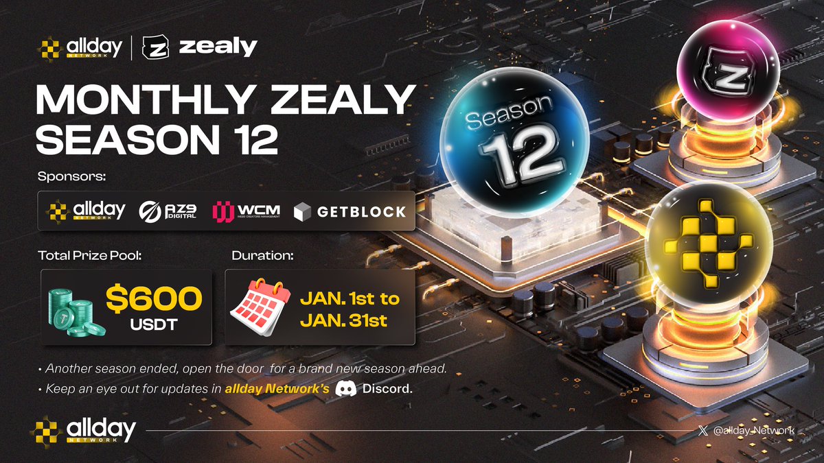 allday Network (@allday_network) on Twitter photo 🌟allday Network Zealy Season 12🌟
Joining in this season with <a href="/AZ9_Digital/">What is AZ9 ?</a>, <a href="/WCM_GG/">WCM</a> and <a href="/getblockio/">GetBlock 🧊</a> the prize pool is now up to 🎁$600 USDT
🔗Join here: zealy.io/cw/alldaynetwo…
⏲️Start date: Jan. 1st 8.00 AM UTC
🎁Season 12 prize pool distribution will be announced later in 🌟allday Network Zealy Season 12🌟
Joining in this season with <a href="/AZ9_Digital/">What is AZ9 ?</a>, <a href="/WCM_GG/">WCM</a> and <a href="/getblockio/">GetBlock 🧊</a> the prize pool is now up to 🎁$600 USDT
🔗Join here: zealy.io/cw/alldaynetwo…
⏲️Start date: Jan. 1st 8.00 AM UTC
🎁Season 12 prize pool distribution will be announced later in