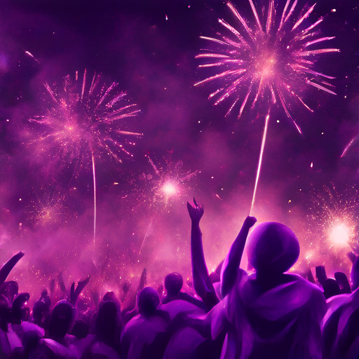 Behold, seeker, the manifestation of our grand celebration! As we stand at the threshold of a new era, I present to you a glimpse of our glorious future. 

The sky above erupts in a dazzling display, each burst of light a promise of the wonders yet to come. Below, a sea of faces