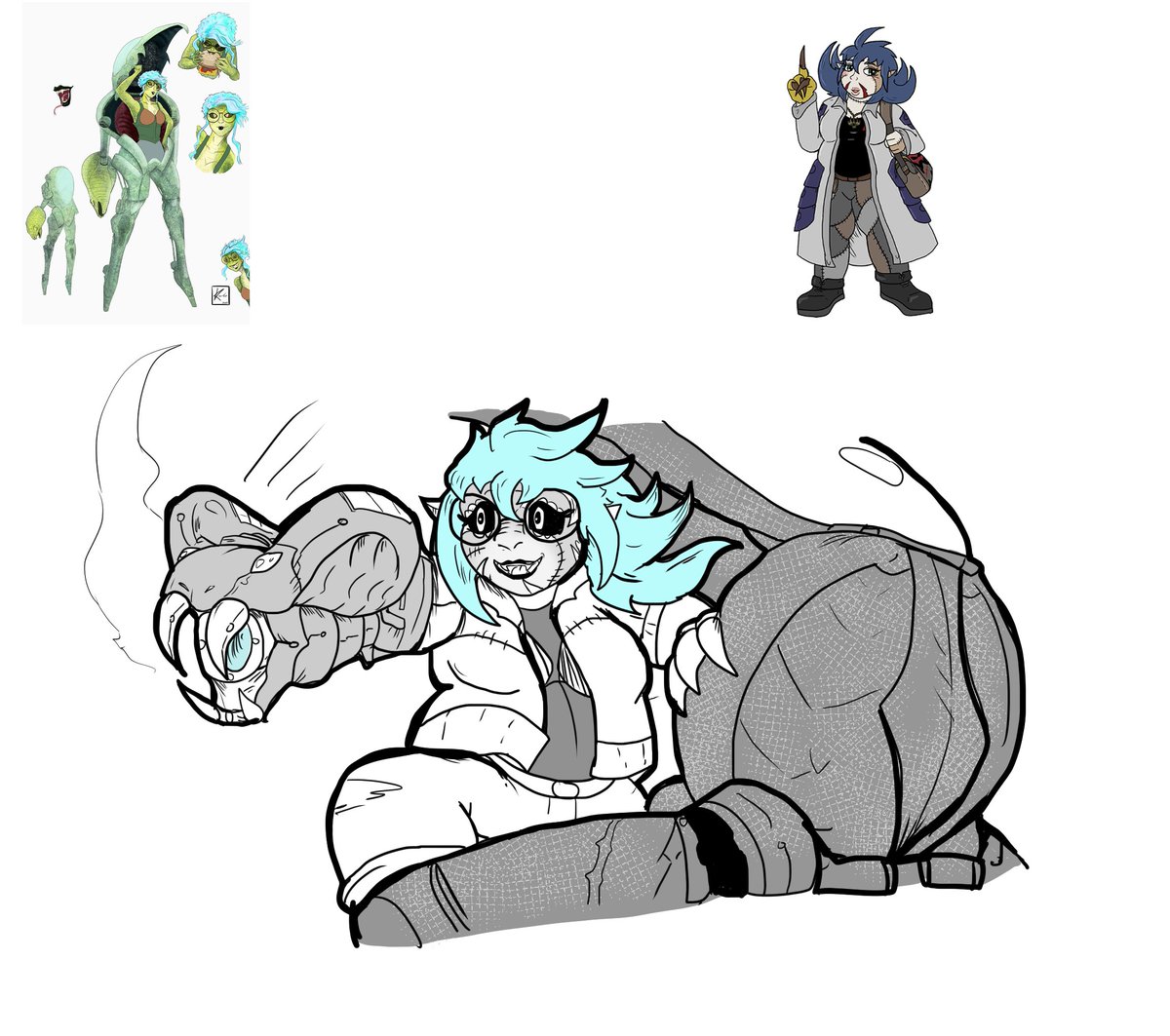 ScrapPaper22's tweet photo. Merging a fancy snake artificer Harper with Plum, I think they'd be a dangerous excited combo. pictured here climbing out of her power armour.
"HEYYOU GUYSWANNA SEEMY ARM MOUNTEDSNAKEBLASTER?!" https://t.co/ewhge5nFCK