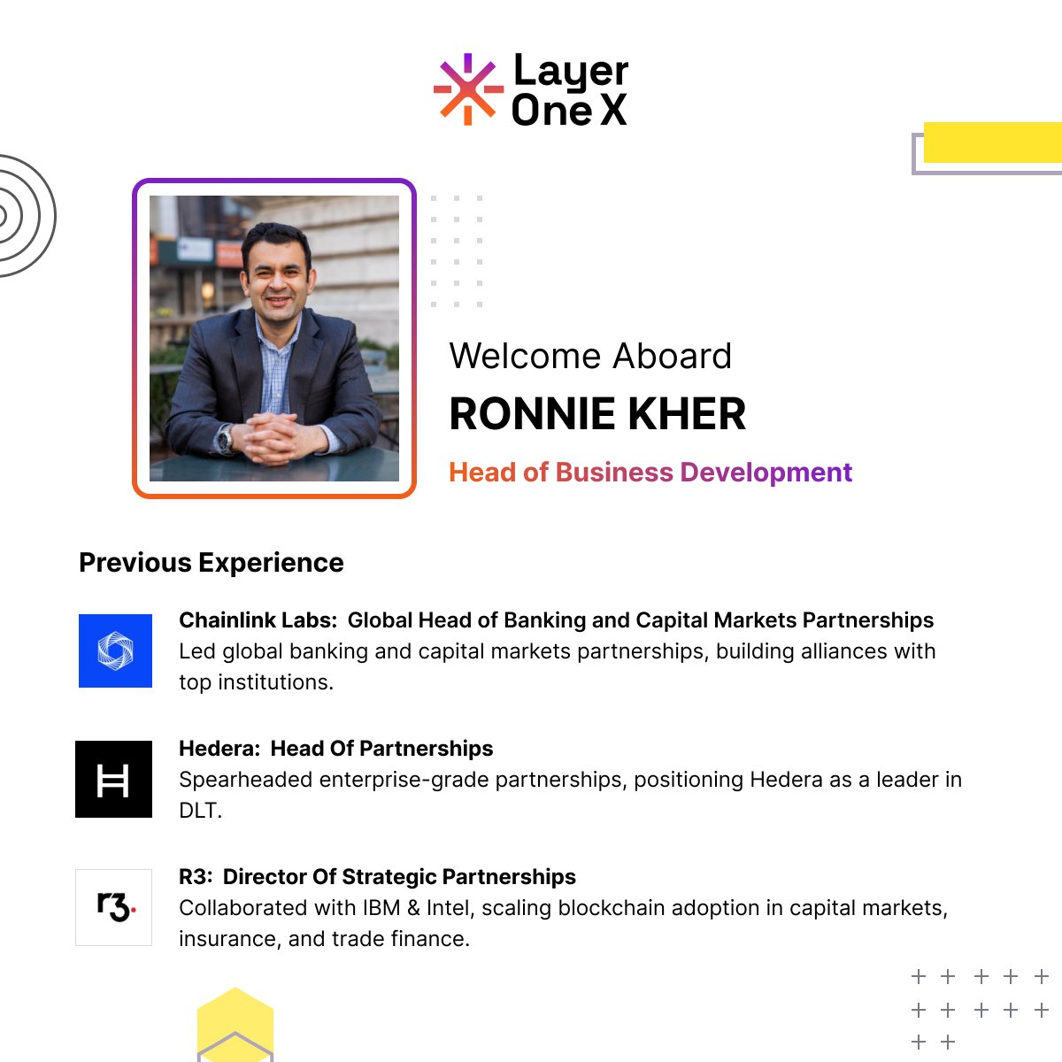 Layer One X (L1X) is thrilled to welcome Ronnie Kher @KherRonnie as a  pivotal member of our team. With over a decade of expertise in blockchain,  partnerships, and capital markets, Ronnie brings