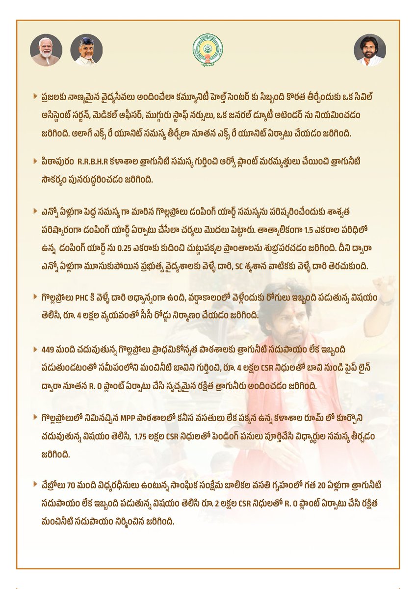 సమగ్ర అభివృద్ధి నివేదిక - 2024

ప్రగతి - పారదర్శకత - సుస్థిరత - జవాబుదారీతనం నాలుగు స్తంభాలుగా ప్రజలు ఎన్నుకున్న మంచి ప్రభుత్వంలో పిఠాపురం MLA గా, రాష్ట్ర ఉప ముఖ్యమంత్రిగా, పంచాయతీరాజ్, గ్రామీణాభివృద్ధి, గ్రామీణ నీటి సరఫరా శాఖ, పర్యావరణ, అటవీ, సైన్స్ &amp; టెక్నాలజీ శాఖా మంత్రిగా
