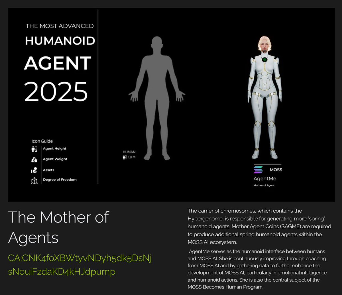0xTsuan's tweet photo. $AGME The carrier of chromosomes, which contains the Hypergenome, is responsible for generating more "spring" humanoid agents. Mother Agent Coins ($AGME) are required to produce additional spring humanoid agents within the MOSS AI ecosystem.
AgentMe serves as the humanoid interface between humans and MOSS AI. She is continuously improving through coaching from MOSS AI and by gathering data to further enhance the development of MOSS AI, particularly in emotional intelligence and humanoid actions. She is also the central subject of the MOSS Becomes Human Program.
