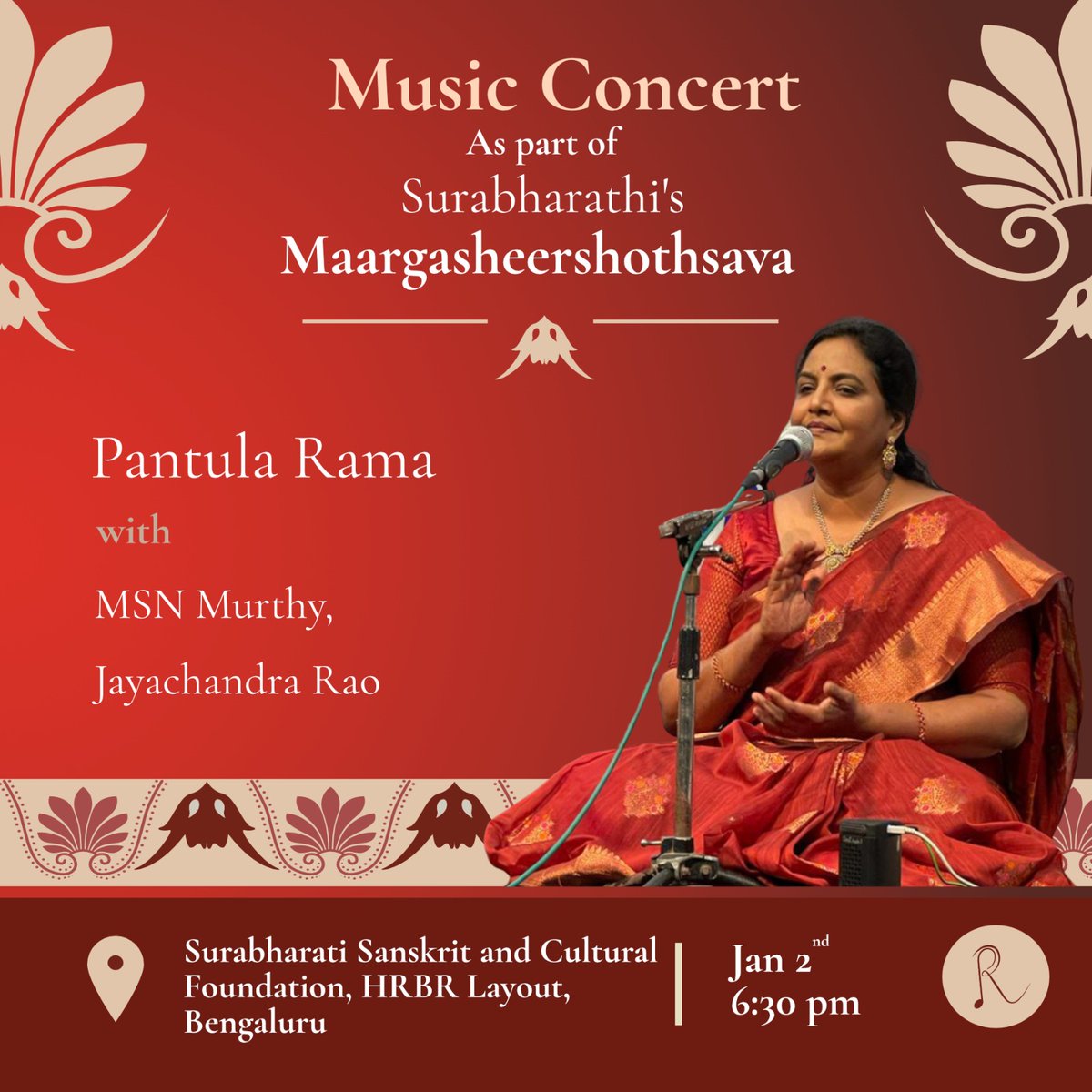 PantulaRama's tweet photo. The first concert this New Year, is at Bengaluru, as part of the Maargasheershothsava by Surabharathi. I will be performing along with MSN Murthy and Jayachandra Rao.
Do join us at the venue in HRBR Layout, Bengaluru at 6.30 pm, for the concert!
#Surabharathi #Pantularama https://t.co/vUpAdura0B
