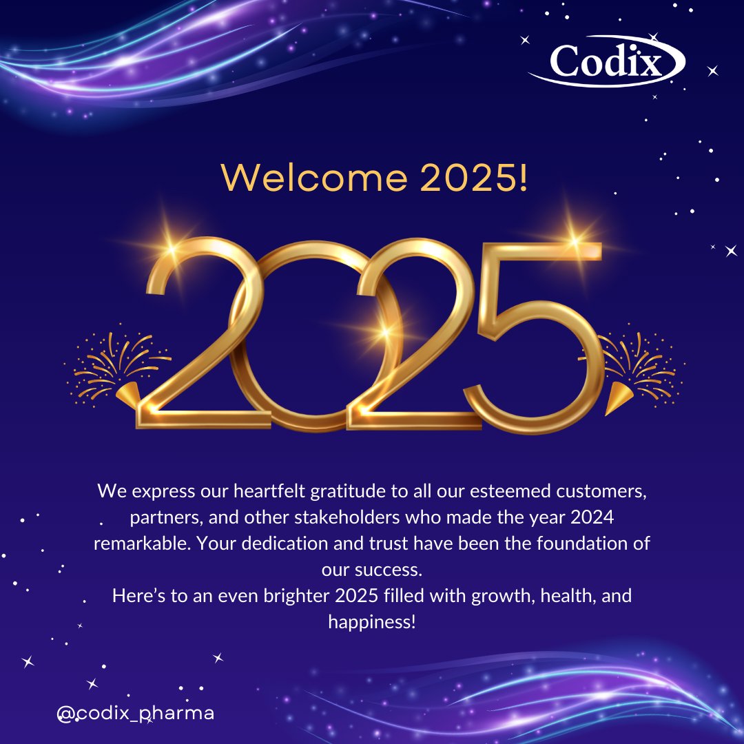 Codix_Pharma's tweet photo. Happy New Year from all of us at Codix Pharma!🎉
As we step into 2025, we remain committed to your health and wellness. Thank you for trusting us - here’s to a year of good health and great achievements together.
#HappyNewYear #CodixCelebrates https://t.co/UVtoKMDwBr