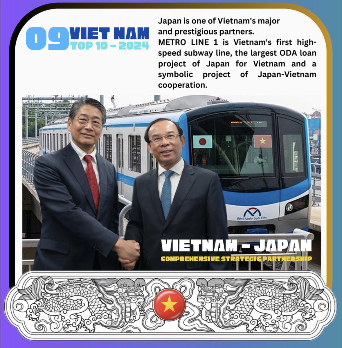 justtodo18's tweet photo. 🇻🇳TOP 10 VIETNAM 2024
#09 #Japan is one of Vietnam's major and prestigious partners.
METRO LINE 1 is Vietnam's first high-speed subway line, the largest ODA loan project of #Japan for #Vietnam and a symbolic project of Japan 🇯🇵 - 🇻🇳 Vietnam cooperation.
#MetroLine1 https://t.co/Pu2dbPdcyY