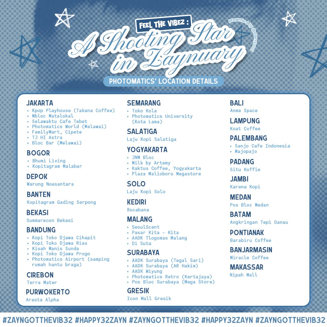 Feel the Vibez : A Shooting Star in Zaynuary ‧₊˚✩彡

Zayn 32nd Birthday Photobooth Event by <a href="/starryzoul/">mar</a> 

🗓 8–14 January 2025
📍 <a href="/photomaticsid/">Si paling narsis</a> (details on poster)

Are you ready to feel the vibez of celebrating 32 years of a shooting star?

#ZaynGotTheVib32 #Happy32Zayn