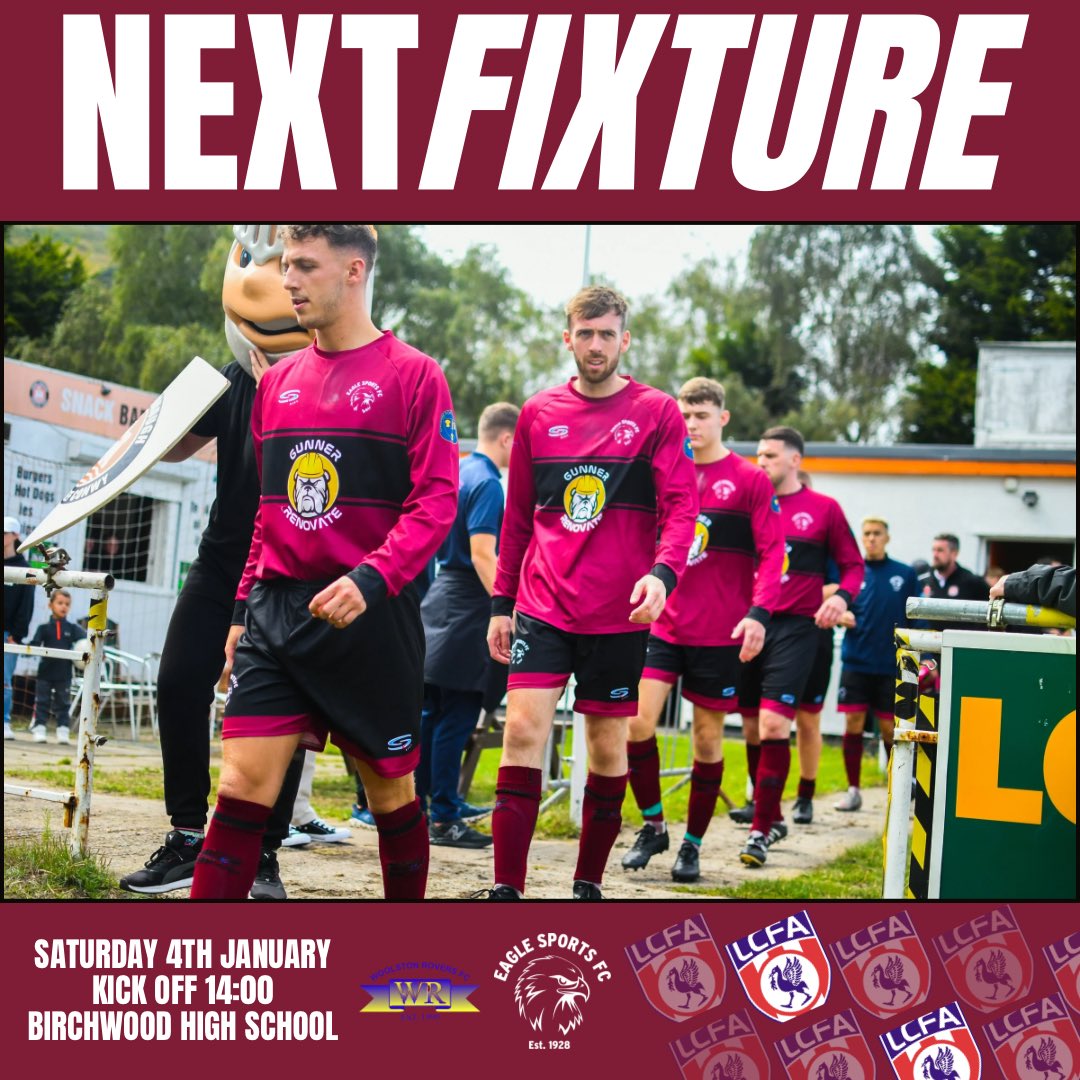 Eagle Sports FC (@eaglesportsfc) on Twitter photo โฝ๏ธ ๐ก๐๐ซ๐ง ๐จ๐ฃ โฝ๏ธ
๐ <a href="/WoolstonFC/">Woolston Rovers FC</a>
๐ Saturday 4th January
๐ Birchwood High School, WA3 7PT
โฐ 2pm Kick Off
๐ <a href="/Liverpool_CFA/">Liverpool FA</a> Challenge Cup R3
#Upthegulls ๐ฆ
<a href="/GunnerRenovate/">Gunner Renovate</a> | <a href="/Sleeptight_Beds/">Sleeptight Beds</a> โฝ๏ธ ๐ก๐๐ซ๐ง ๐จ๐ฃ โฝ๏ธ
๐ <a href="/WoolstonFC/">Woolston Rovers FC</a>
๐ Saturday 4th January
๐ Birchwood High School, WA3 7PT
โฐ 2pm Kick Off
๐ <a href="/Liverpool_CFA/">Liverpool FA</a> Challenge Cup R3
#Upthegulls ๐ฆ
<a href="/GunnerRenovate/">Gunner Renovate</a> | <a href="/Sleeptight_Beds/">Sleeptight Beds</a>