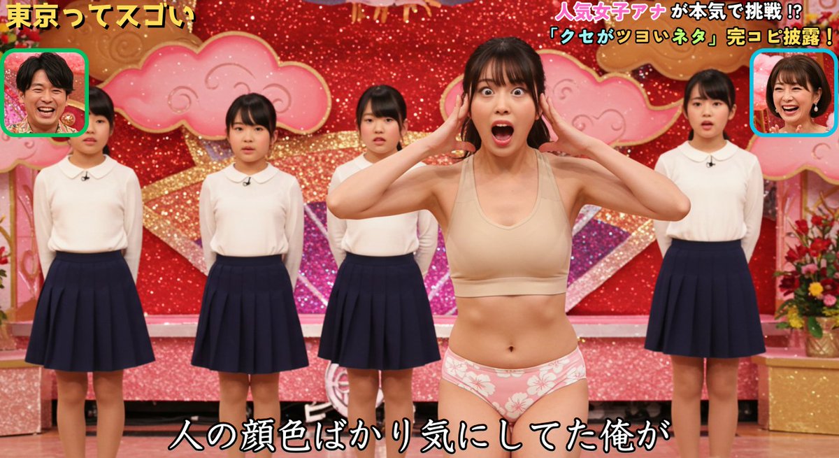 omukare_wanwan's tweet photo. 今日のクセツヨやばかったｗ
看板アナの４人にこんなのやらすなｗ
体張りすぎてて心配になるレベル･･･😅
#AIart #ImageFX https://t.co/csiDJTkBTA