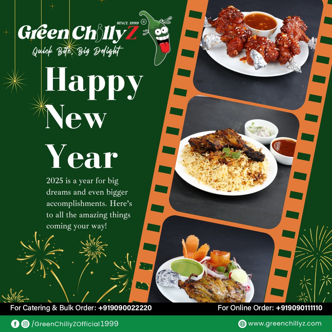 GreenChillyZ's tweet photo. 🌟 Happy New Year from Greenchillyz! 🌟

As we step into 2025, we're grateful for your love and support. Here's to another year of delicious flavors, unforgettable moments, and amazing memories. Let Greenchillyz make your celebrations even more special! 🌶️💚 https://t.co/EBp3syPOHC
