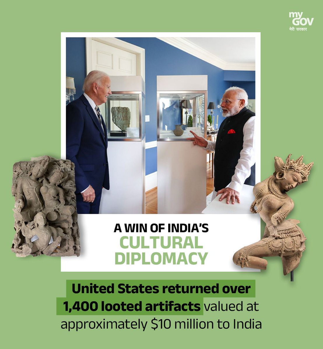 mygovindia's tweet photo. A Victory for India’s Cultural Diplomacy
The United States has returned over 1,400 stolen artifacts, valued at around $10 million, to India.
#PMModiDiplomacy
#PMModi
#HappyNewYear https://t.co/98EZTvIz4a