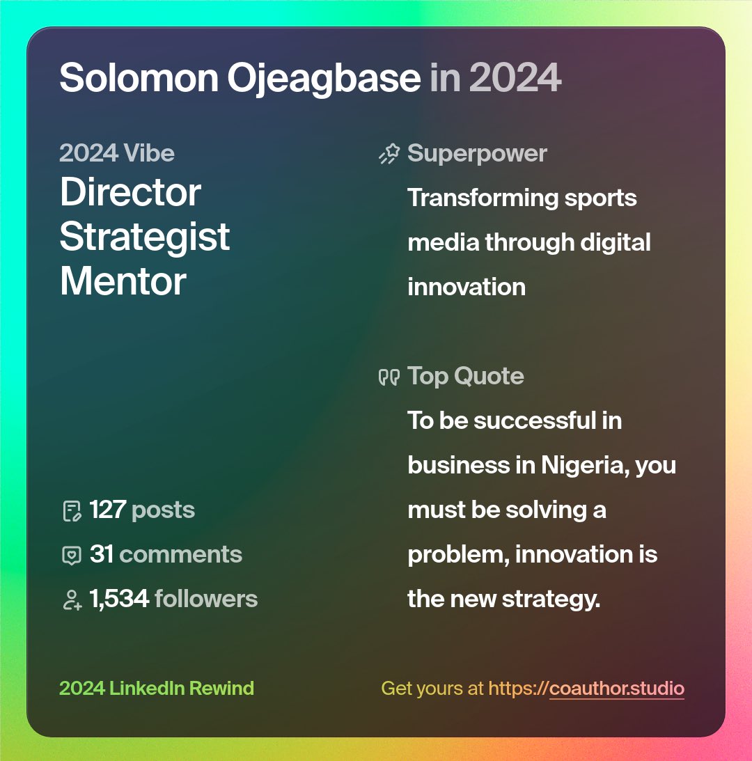 tosinbranson's tweet photo. My year in a nutshell… #SportsMedia #DigitalTransformation #AfricanSports #LeadershipDevelopment #LinkedInRewind #2024Wrapped https://t.co/o9oPVN64mM
