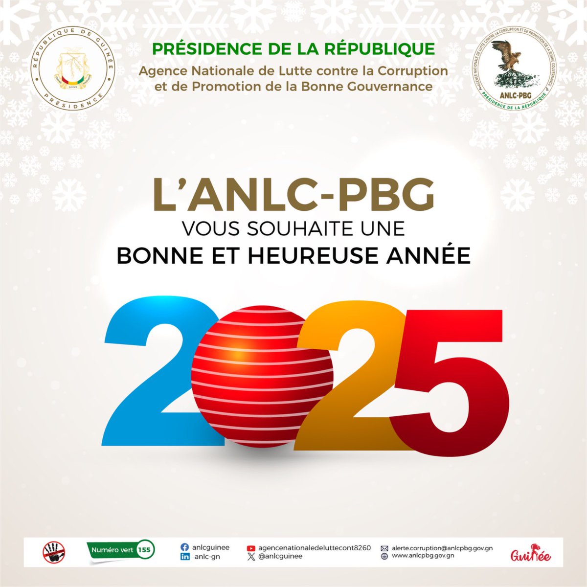 2025, une année pour renouveler notre engagement collectif contre la corruption ! L’ <a href="/anlcguinee/">ANLC-PBG</a> vous souhaite une année de succès, d’intégrité.
Bonne et heureuse année !!!
#ANLC_PBG #CNRD #BonneGouvernance #happynewyear2025 #Guinee