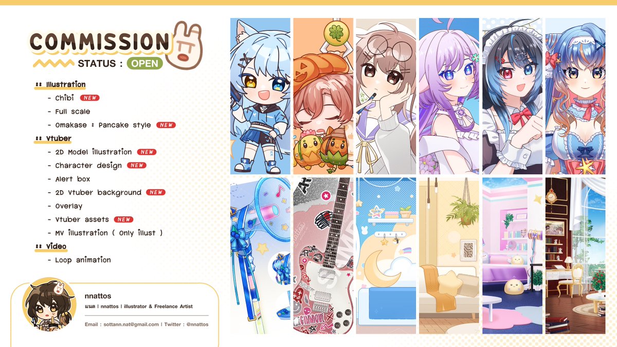 nnattos's tweet image. 🍀 RT is appreciate
Commission 🟢 OPEN
nnattos.carrd.co
- Illust / Chibi / Omakase
- Model / Design
- Background / Asset
- Animation
เปิดรับคอมมิชชั่นโดยงานจะรันคิวเรื่อยๆค่ะ แนะนำว่าถ้าสนใจจองไว้ได้เลยนะ! หากมีคำถาม หรือสนใจสามารถติดต่อ dm มาได้เลยนะคะ ✨