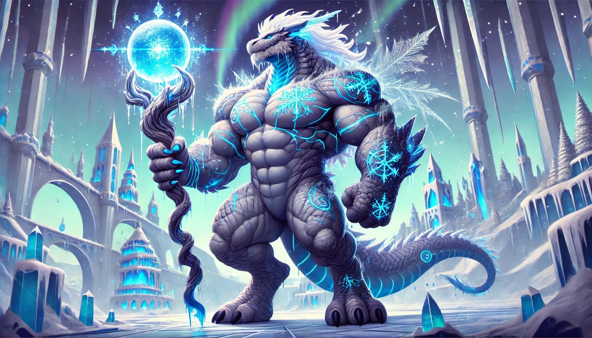 BulkBodyAI's tweet photo. This epic #icekingdom features a massive, glowing ice dragon 🐉❄️✨ with chiseled muscles 💪❄️ and a magical staff 🔵❄️. Towering spires 🏰❄️, shimmering crystals 💎❄️, and falling snow 🌨️✨ create a frosty, magical realm! 🌌❄️💙 https://t.co/gbKcpPI47F