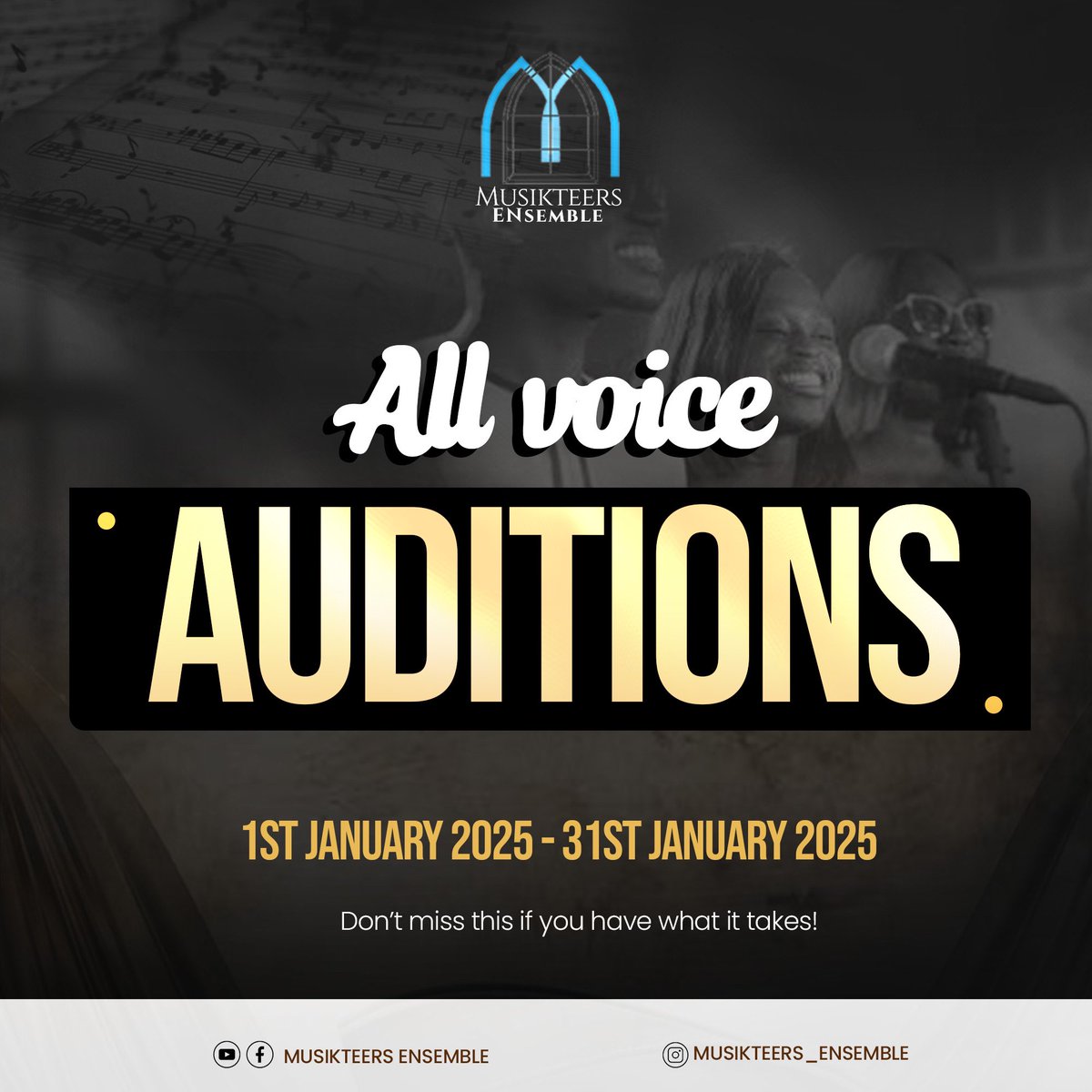 Are you ready to take your vocal talent to the next level? 🎶 
Join the Musikteers Ensemble family this January! 
Don’t miss this chance if you’ve got what it takes! 

Fill out the form here: forms.gle/e8feio64f8YLZK…

Deadline: 31st January 2025. Let’s make music together!