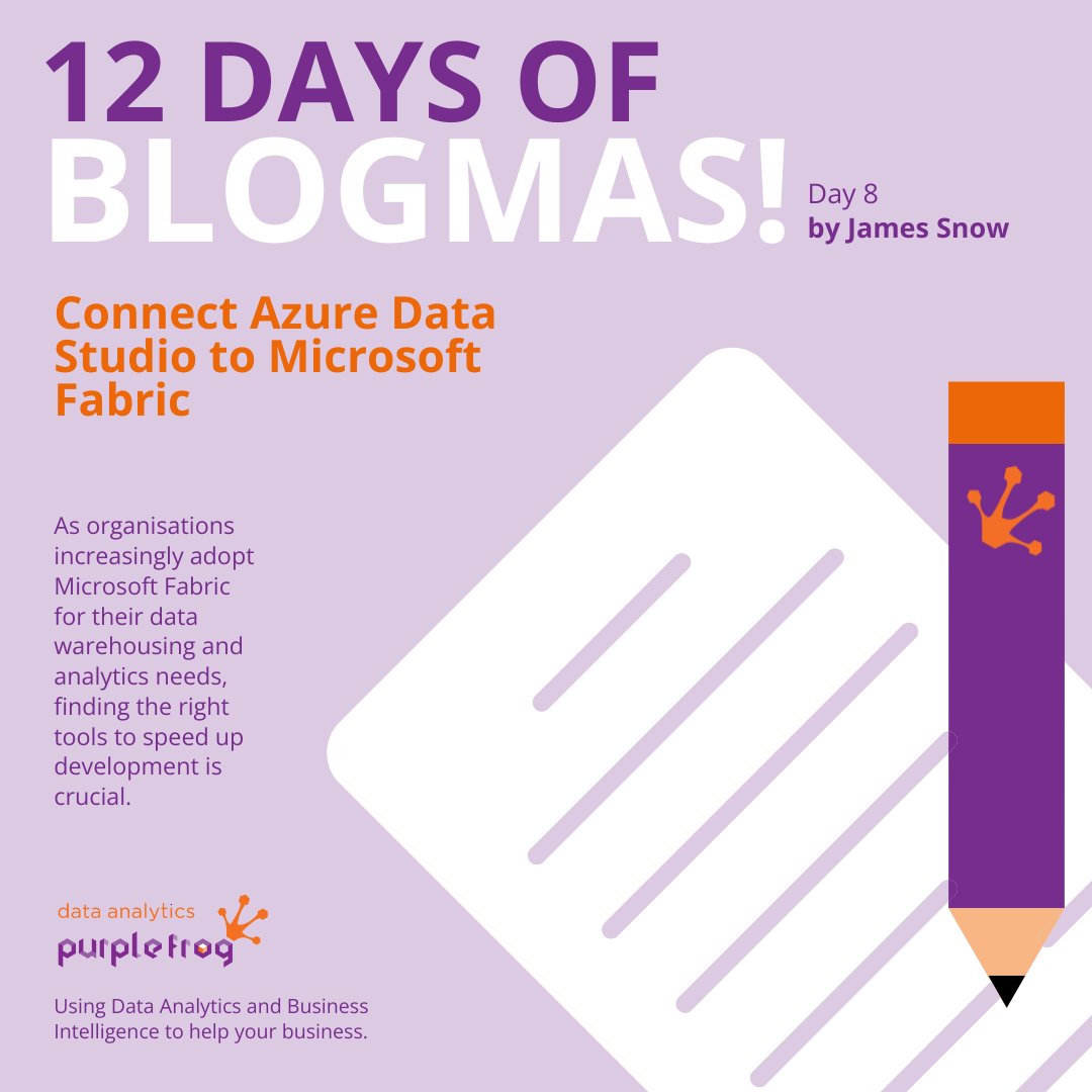 PurpleFrogSys's tweet image. Day 8 of #Blogmas: ✨ Connect Azure Data Studio to Microsoft Fabric by James Snow 📊
As organisations adopt #MicrosoftFabric for data warehousing & analytics, having the right tools can boost productivity🛠️
purplefrogsystems.com/2024/08/azure-…
#AzureDataStudio #DataAnalytics 🚀