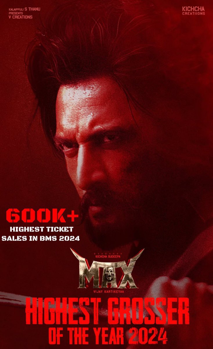 Max_themovie's tweet photo. Fastest 600k+ and counting 
Happy MAX year ❤️
Highest grosser of the year 2024 
#MaxTheMovie #MAXimumBlockbuster 
@KicchaSudeep 👑 https://t.co/YWs57iRDAe