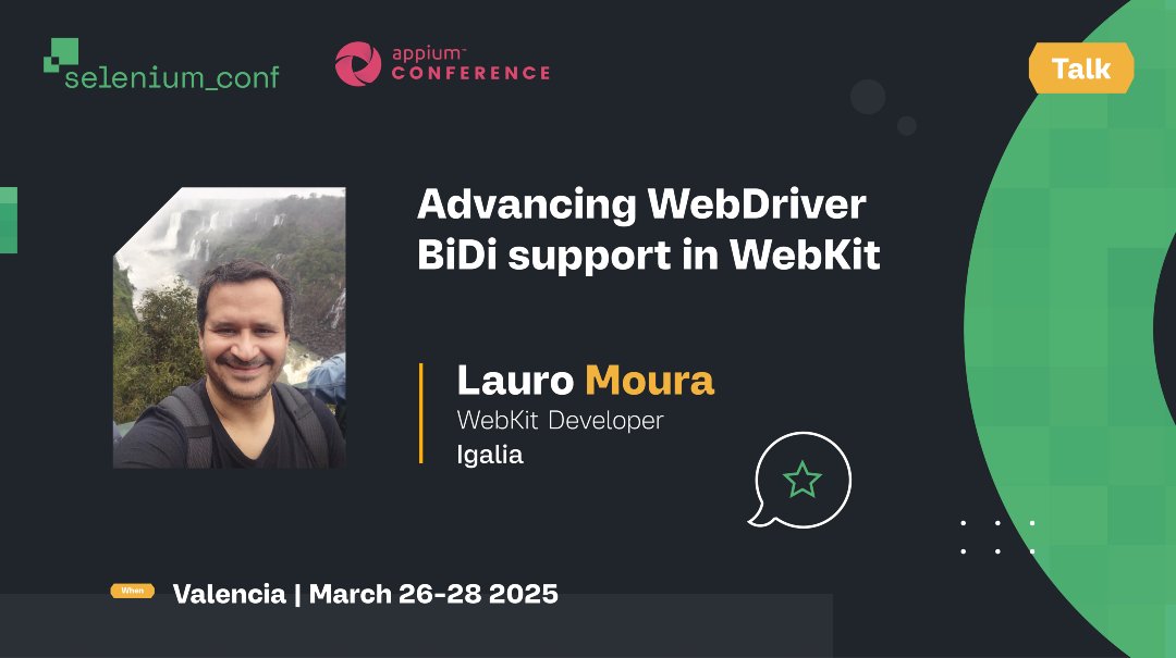 Explore advancements in WebDriver BiDi with Lauro Moura at #SeleniumConf &amp; #AppiumConf 2025. Learn how WebDriver BiDi support is evolving in WebKit for your automation projects.

Get your ticket now: seleniumconf.com/register/