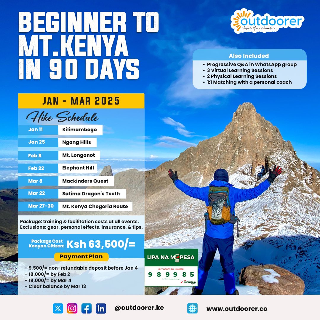 outdoorerke's tweet image. 👉🏾 𝐁𝐞𝐠𝐢𝐧𝐧𝐞𝐫 𝐭𝐨 𝐌𝐭. 𝐊𝐞𝐧𝐲𝐚 𝐢𝐧 𝟗𝟎 𝐃𝐚𝐲𝐬 - Make the first three months of your new year count! Your fitness or competency does not matter; this program is designed with the total beginner in mind and does just what its name says. 🌟

Read more about the…