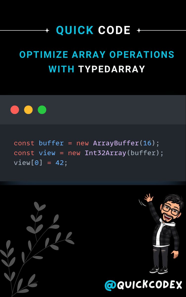 quickcodex's tweet image. 🎯 JavaScript Performance Optimization
⚡ For performance-critical tasks, use TypedArray for fixed-size arrays.
Follow @quickcodex for daily updates. Let’s optimize together! 💻
#JavaScript #WebDev #QuickCode #buildinpublic #learning