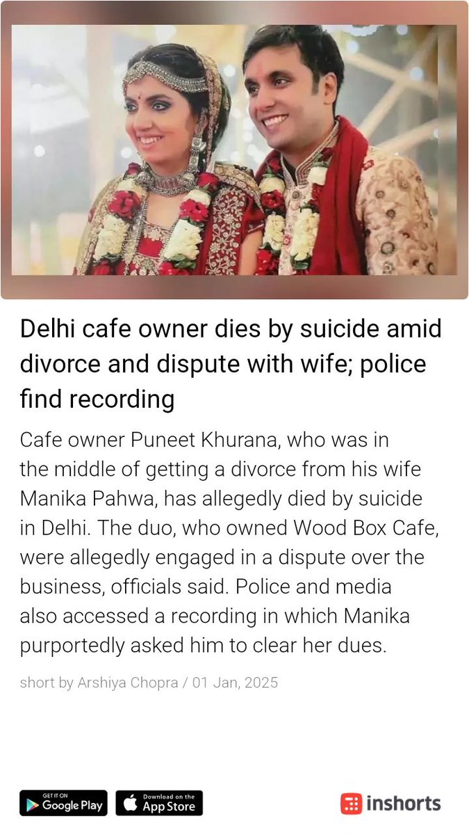 Another similar case of #AtulSubhash a Delhi businessman committed Suicide due to dispute with wife.
Indian judiciary is promoting #LegalGenocide of Men.
#ArrestHer 
Legal Tyranny is k!||!ng men in India.
#AlimonyIsBloodMoney 
#JusticeIsDue 
#JudicialTyranny