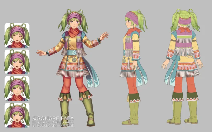 『ロマサガ2リメイク』ノーマッド女(ファティマ他)民族衣装風な要素が特徴的なデザインです。あまり戦士っぽくないビジュアルなので、色々なロケーションを探索中、観光でもしているような気分になりますね。バトル中もどこかのほほんとした雰囲気に和みます。#ロマサガ2R #リベンジオブザセブン 