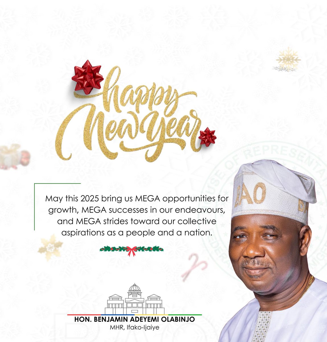 AdeyemiOlabinjo's tweet photo. Fellow Constituents of Ifako-Ijaiye, 

As we step into the year 2025, I extend my heartfelt gratitude for your unwavering support and trust throughout the past year. I am truly honoured to serve as your Representative, https://t.co/oP00tQvq3k