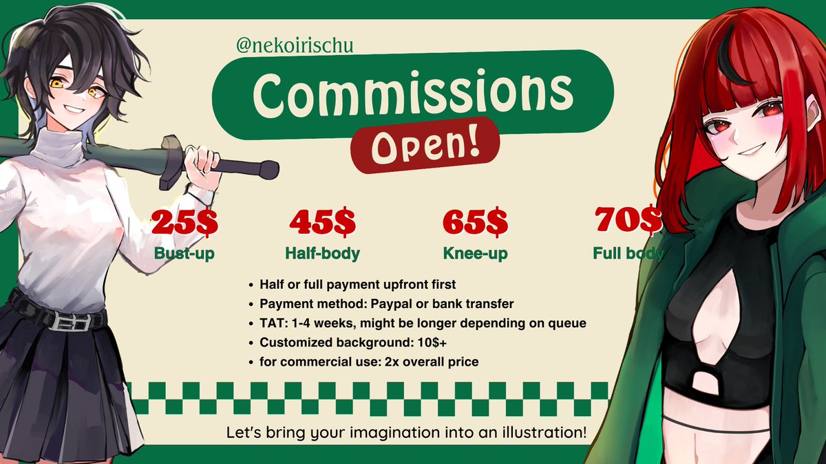 NekoIrischu's tweet image. 🎨 Searching for an artist? Don’t you worry, sweetie—@nekoirischu has got you chu! ♥
✨ Check out the thread for more details! I’ve got time-limited promo packages you don’t want to miss 🥳
RTs are super appreciated! 💖
#commissionsOpen #Artmoots
irischu.carrd.co