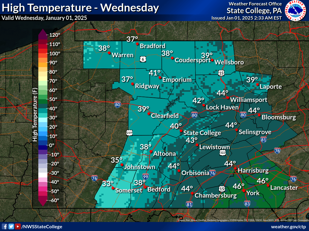 NWSStateCollege's tweet photo. A blustery New Years Day is in store, with temperatures not rising much from morning readings. Lake-effect and upslope snow showers will develop, impacting primarily northern and western Pennsylvania. #ctpwx https://t.co/LWKXRe4Oua